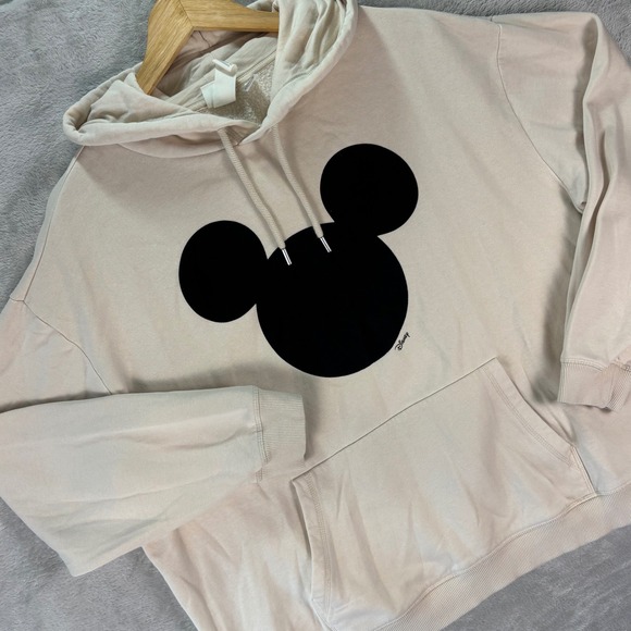 Disney x H&M Unisex Hoodie Beige Black Mickey Mouse Logo Pullover Size L - Picture 1 of 8